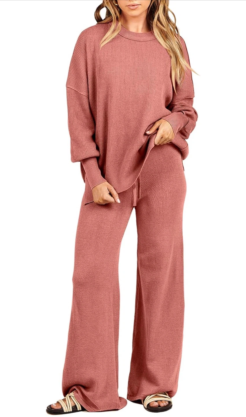 NEW! Oversized Chunky Knit Sweater Wide Leg Pants Loungewear Set