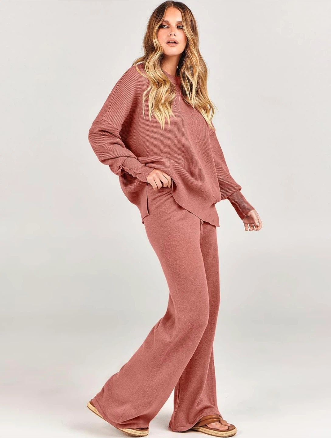 NEW! Oversized Chunky Knit Sweater Wide Leg Pants Loungewear Set - photo 3