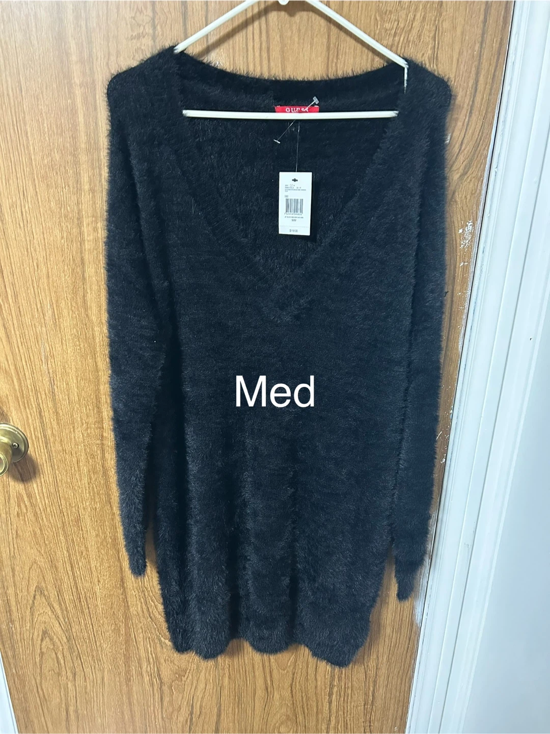 Guess Black Fuzzy V-Neck Sweater - Size Medium