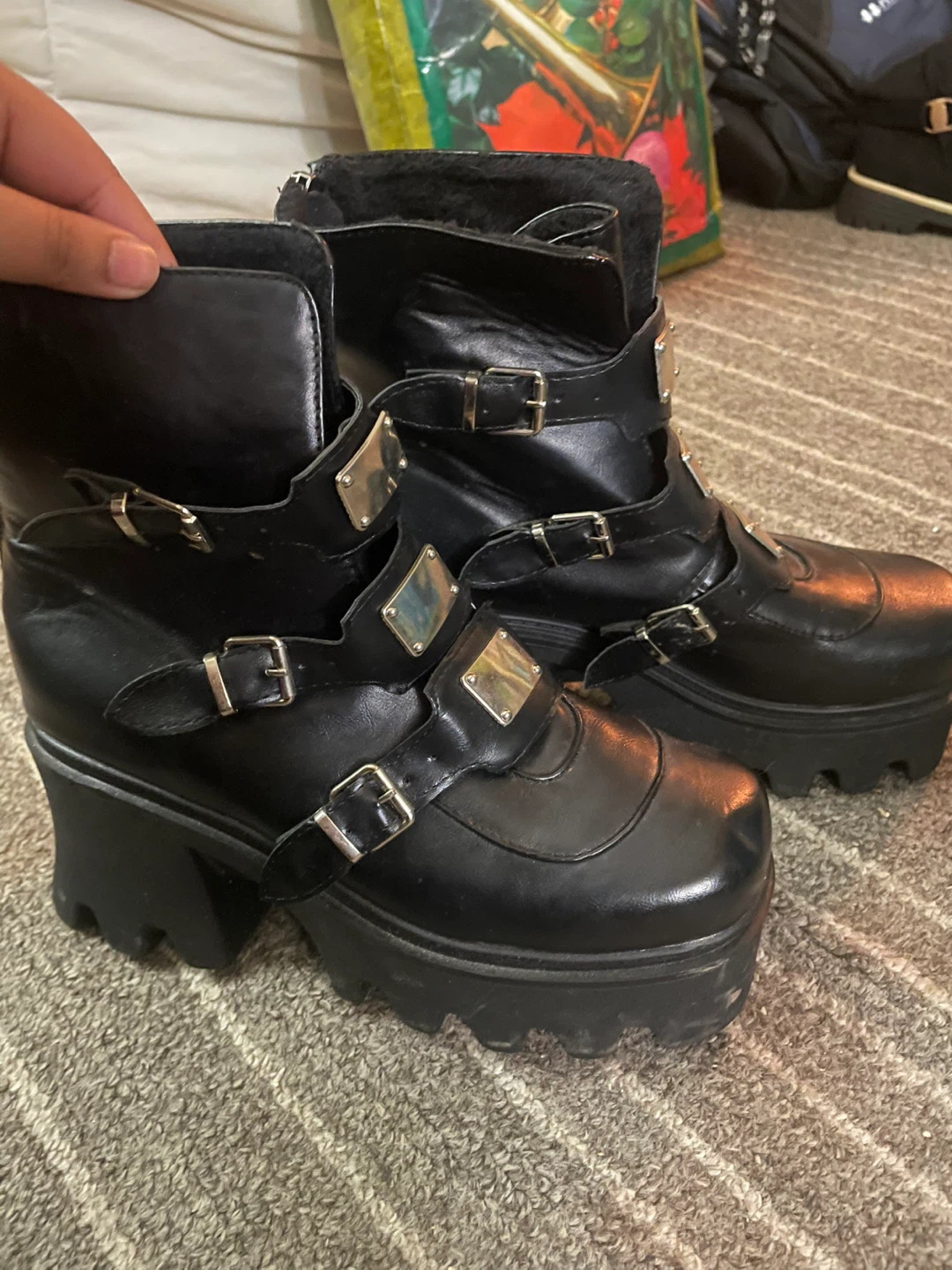 Black Platform Ankle Boots with Buckles - photo 2