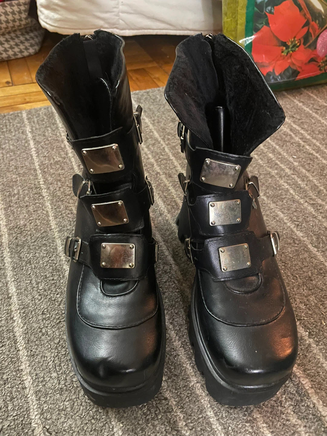 Black Platform Ankle Boots with Buckles