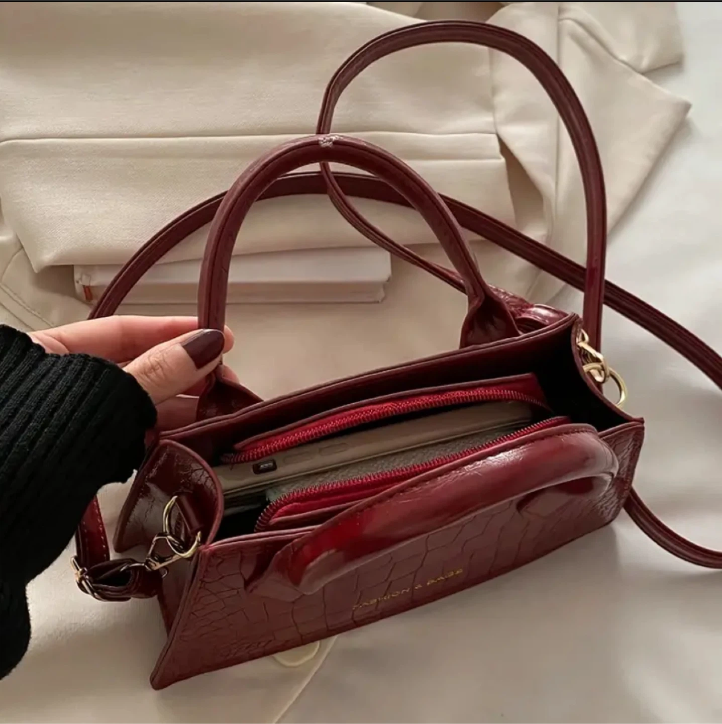 Red Croc-Embossed Fashion & Bags Mini Top Handle Bag - photo 3