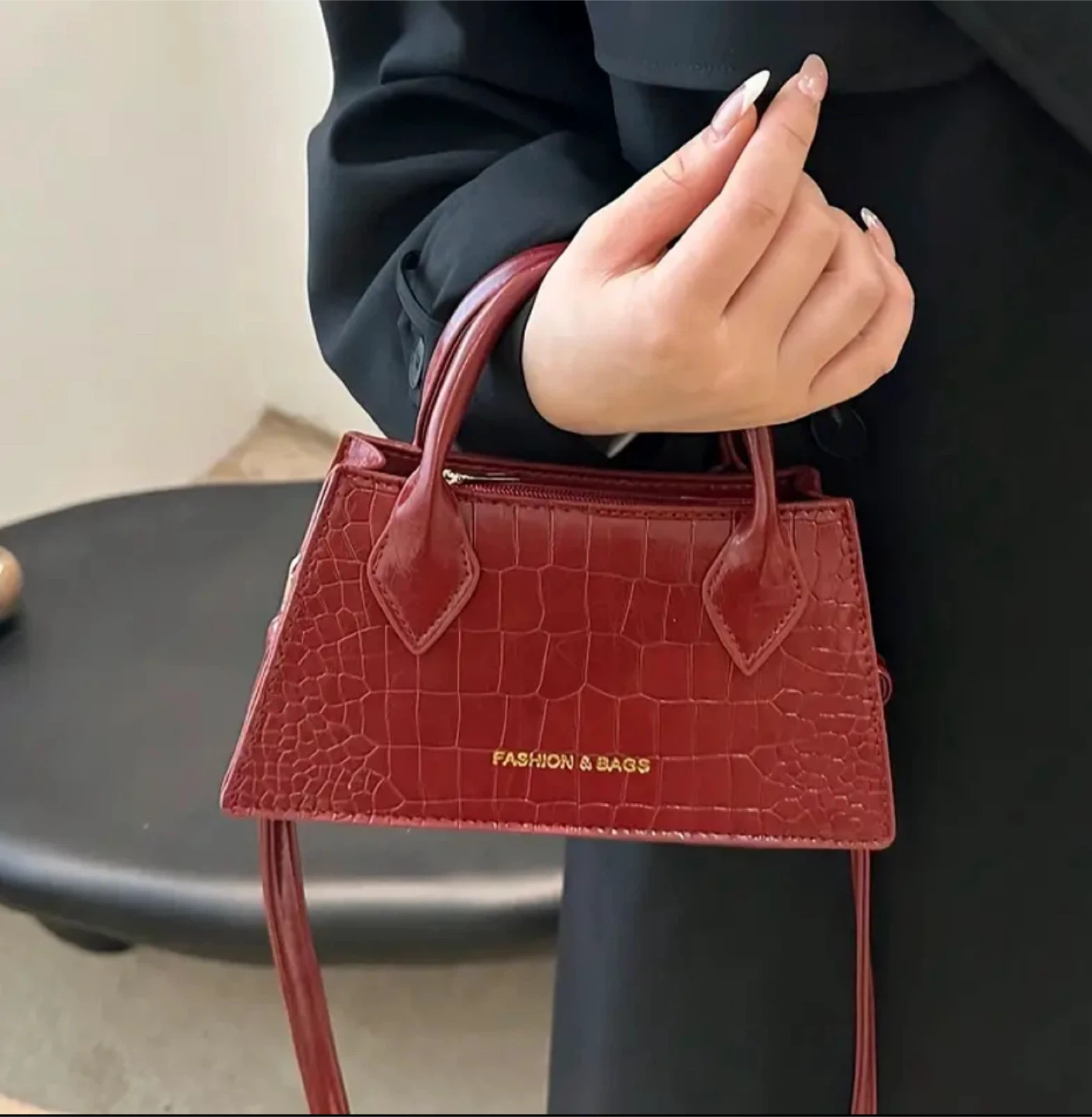 Red Croc-Embossed Fashion & Bags Mini Top Handle Bag
