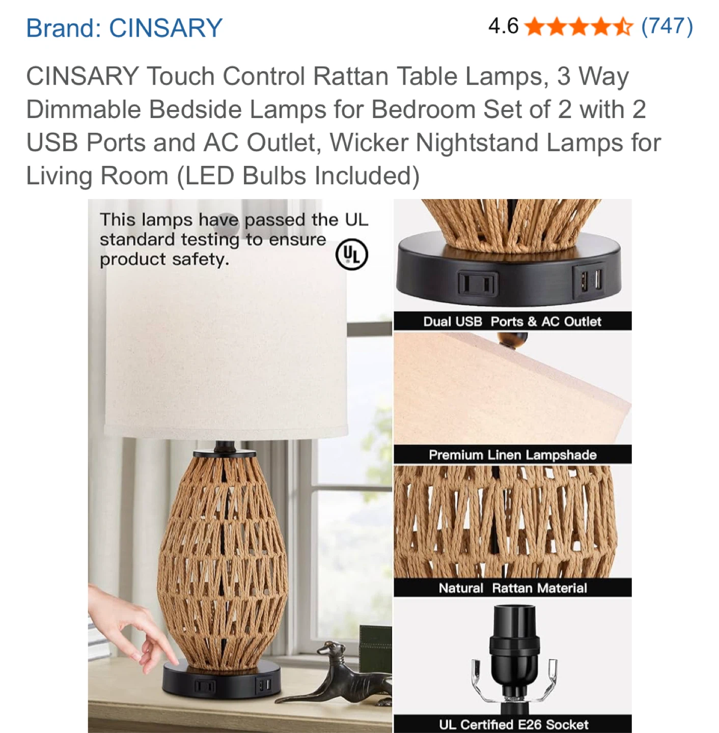 CINSARY Touch Control Rattan Table Lamp - photo 4