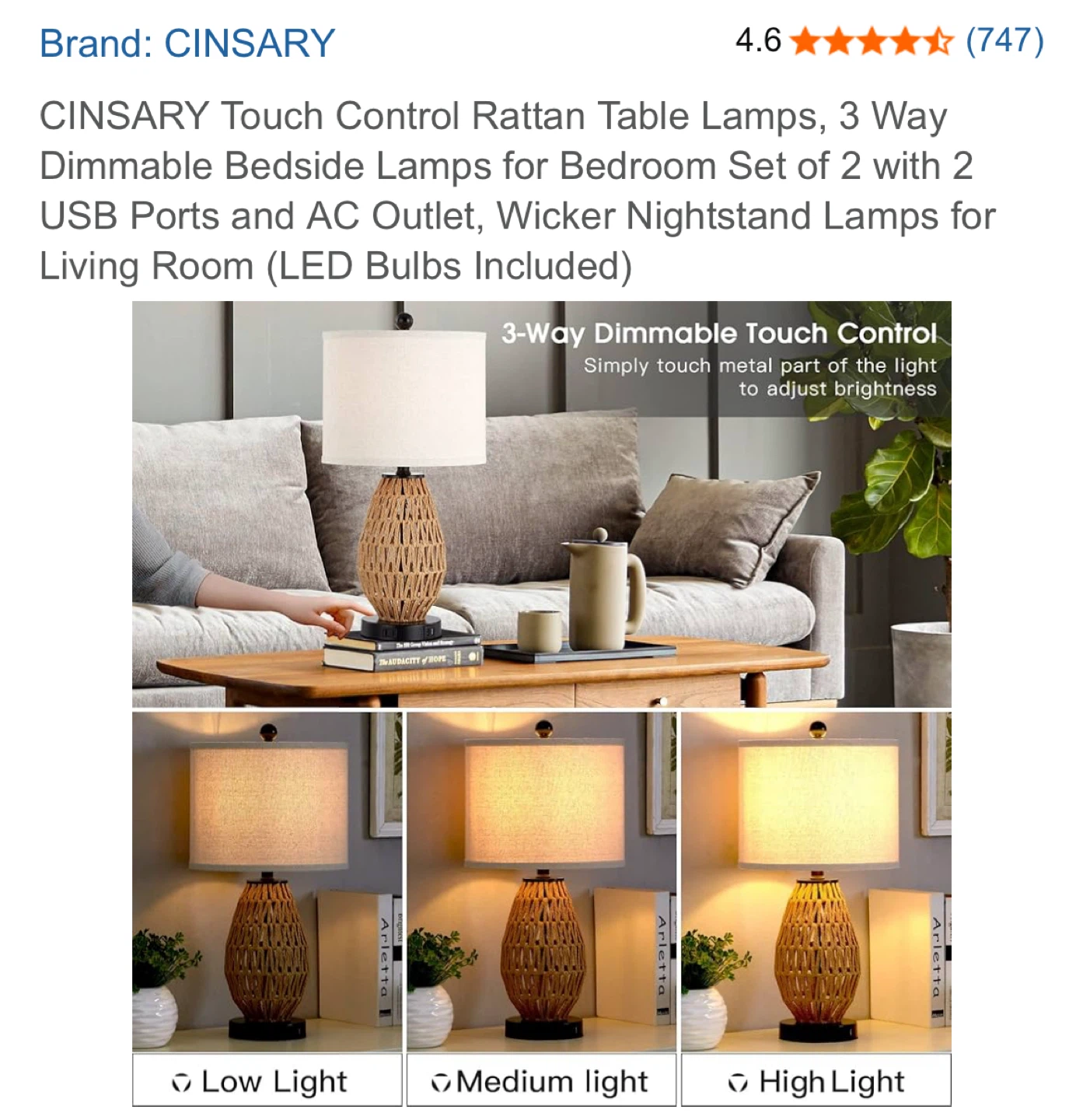 CINSARY Touch Control Rattan Table Lamp - photo 2