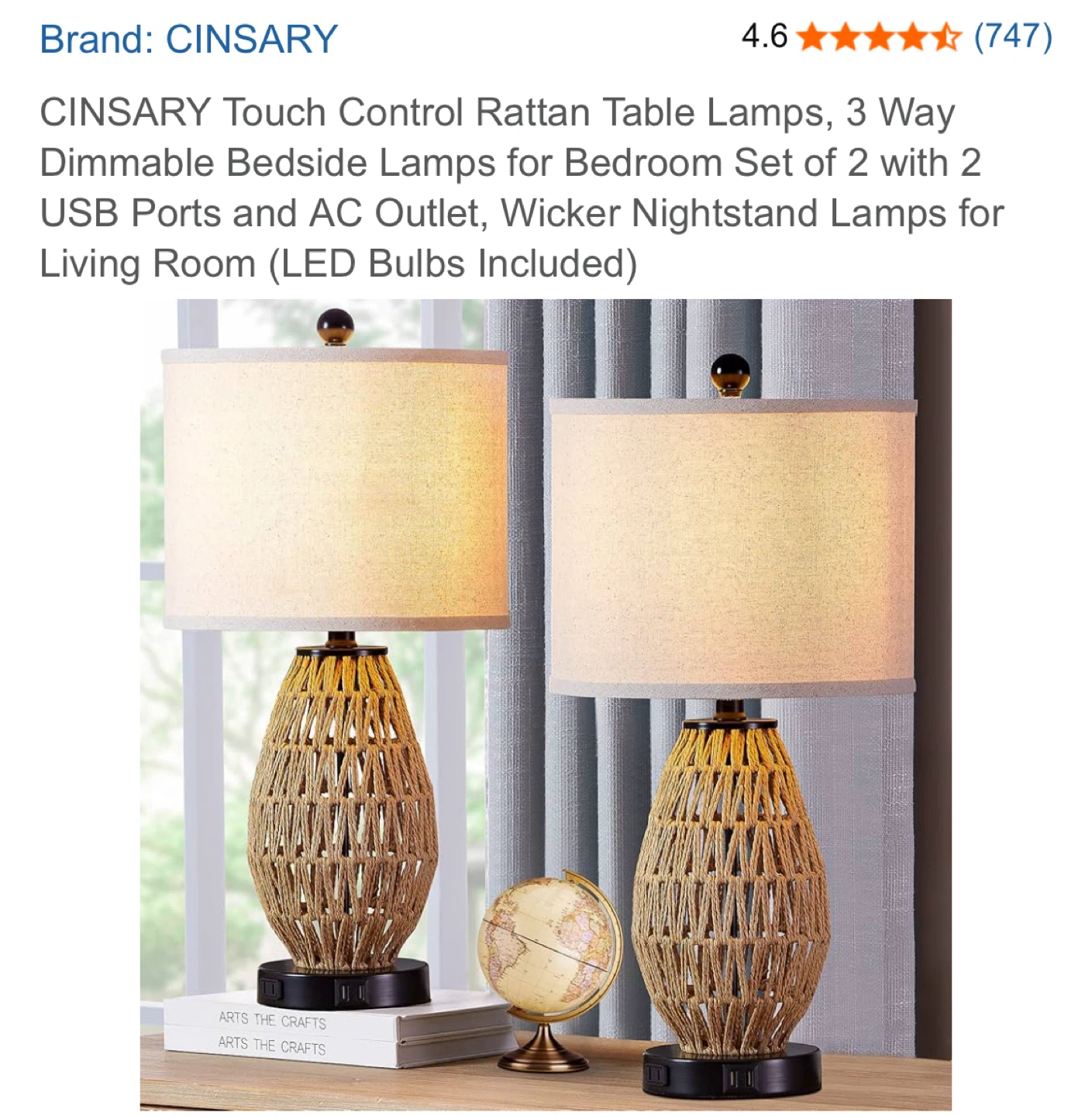 CINSARY Touch Control Rattan Table Lamp