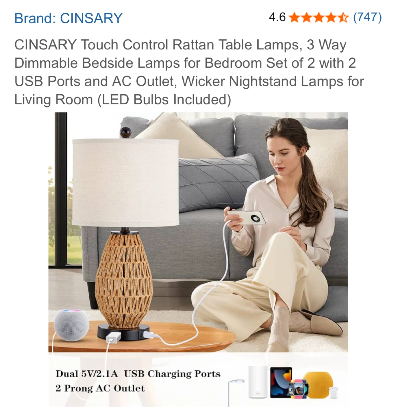 CINSARY Touch Control Rattan Table Lamp - photo 3