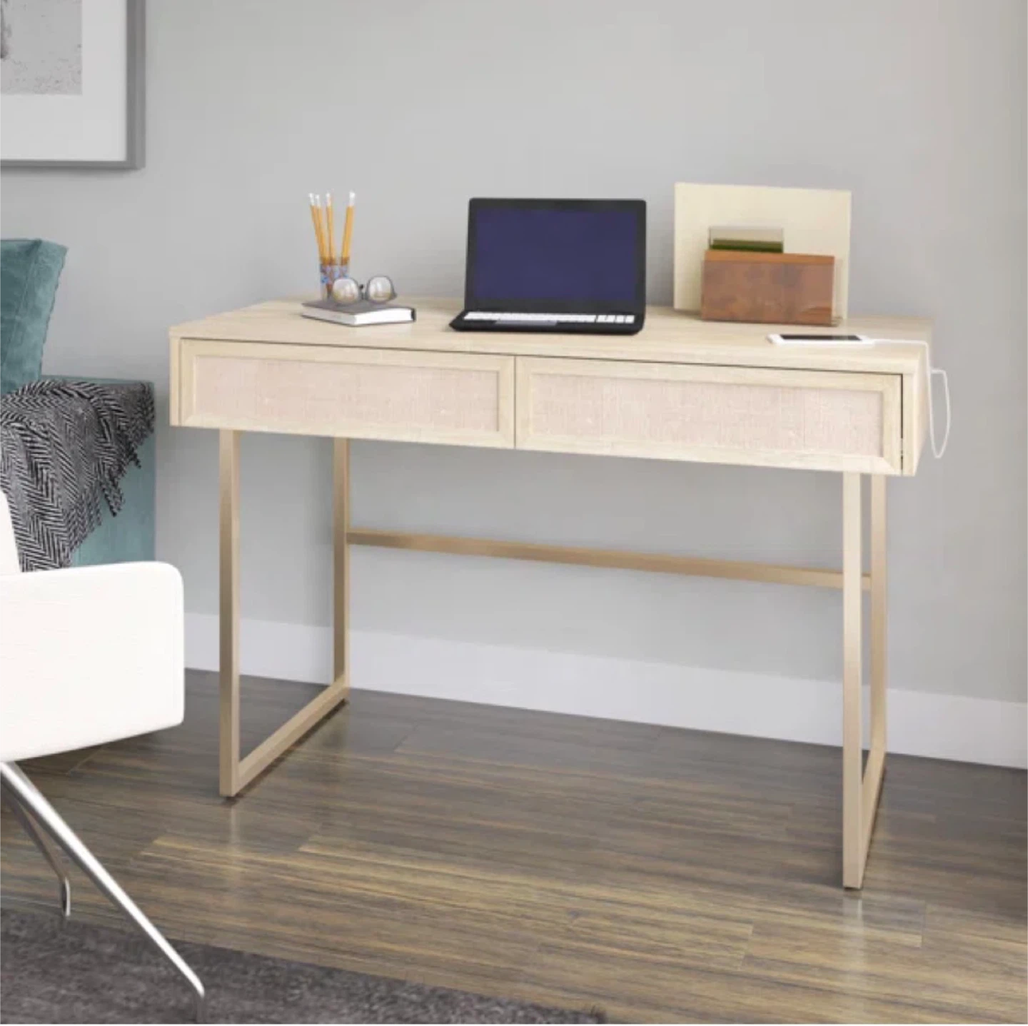 Built in USB Ports Office Writing Desk 2 Drawers Gold Detail