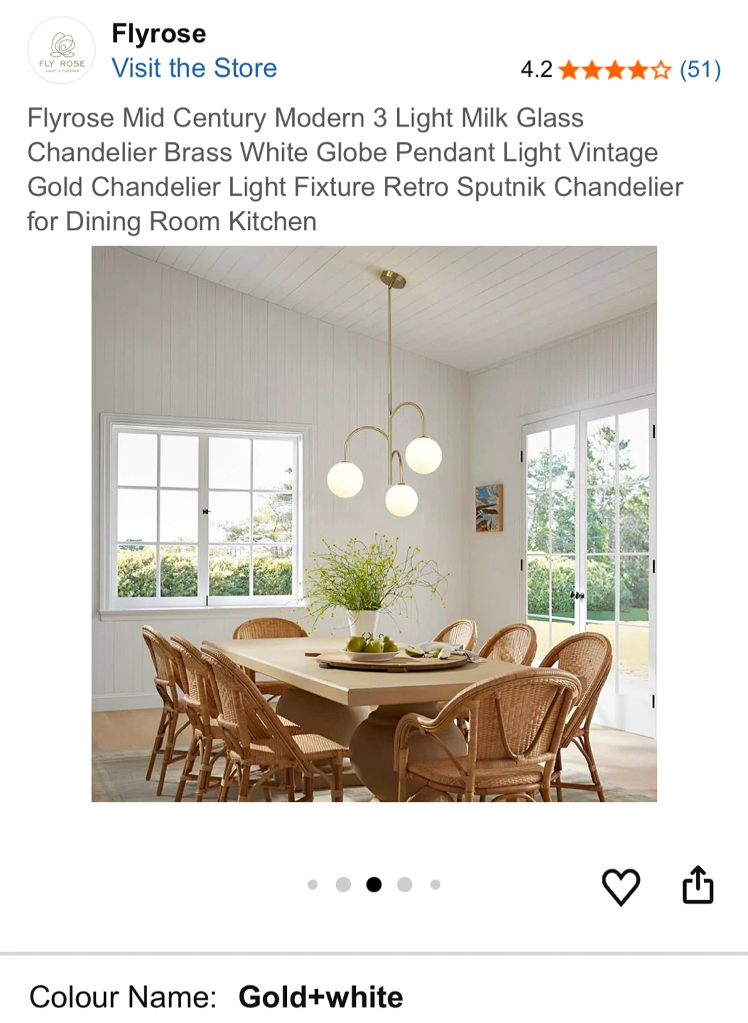 Flyrose Mid Century Modern 3 Light Milk Glass Brass White Gold - photo 5
