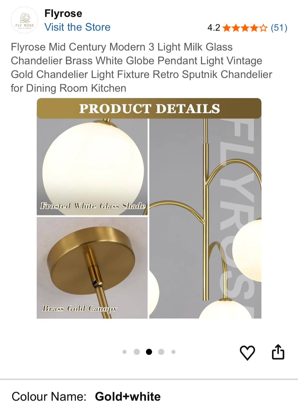 Flyrose Mid Century Modern 3 Light Milk Glass Brass White Gold - photo 3