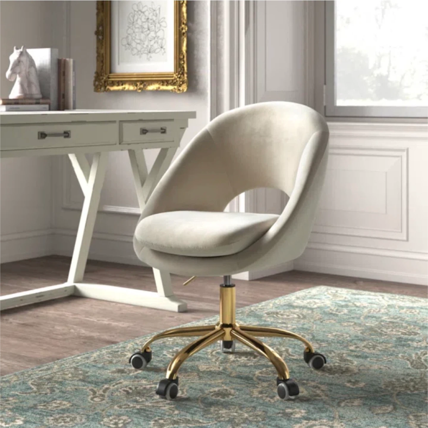 Ivory Velvet Swivel Adjustable Height Office Chair