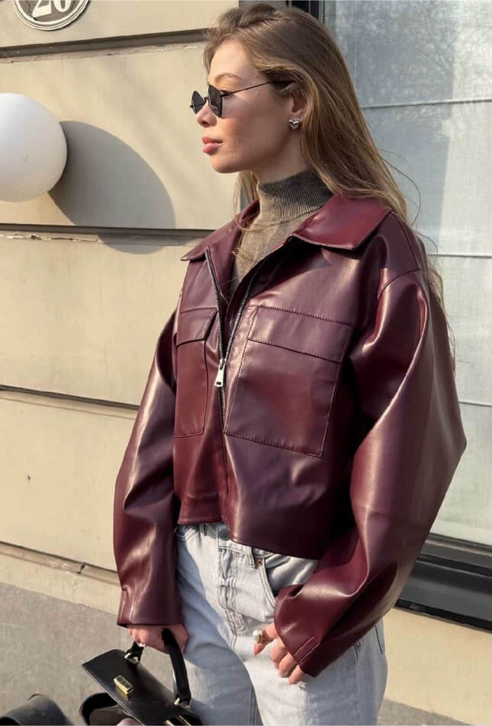 Burgundy Leather Cropped Jacket - photo 3
