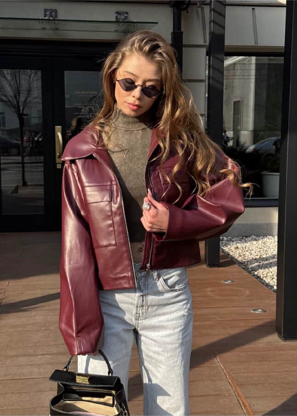 Burgundy Leather Cropped Jacket