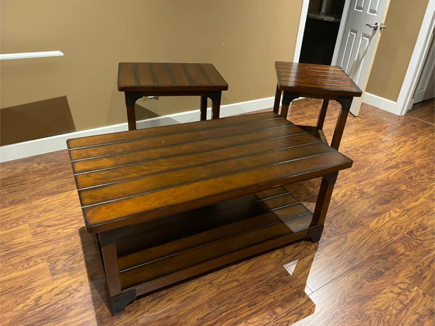 Brown Wooden Coffee Table and End Tables Set