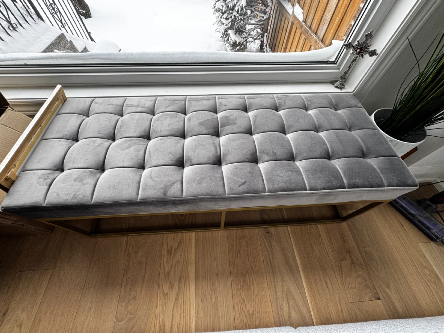 Grey Velvet Bench with Gold Frame - photo 2