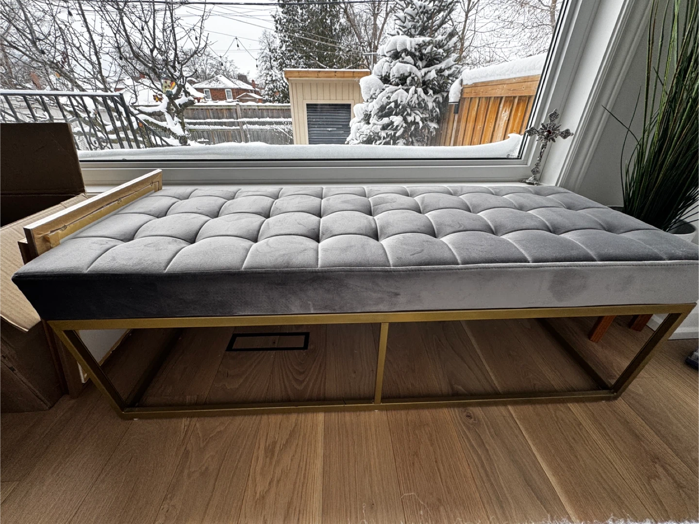 Grey Velvet Bench with Gold Frame
