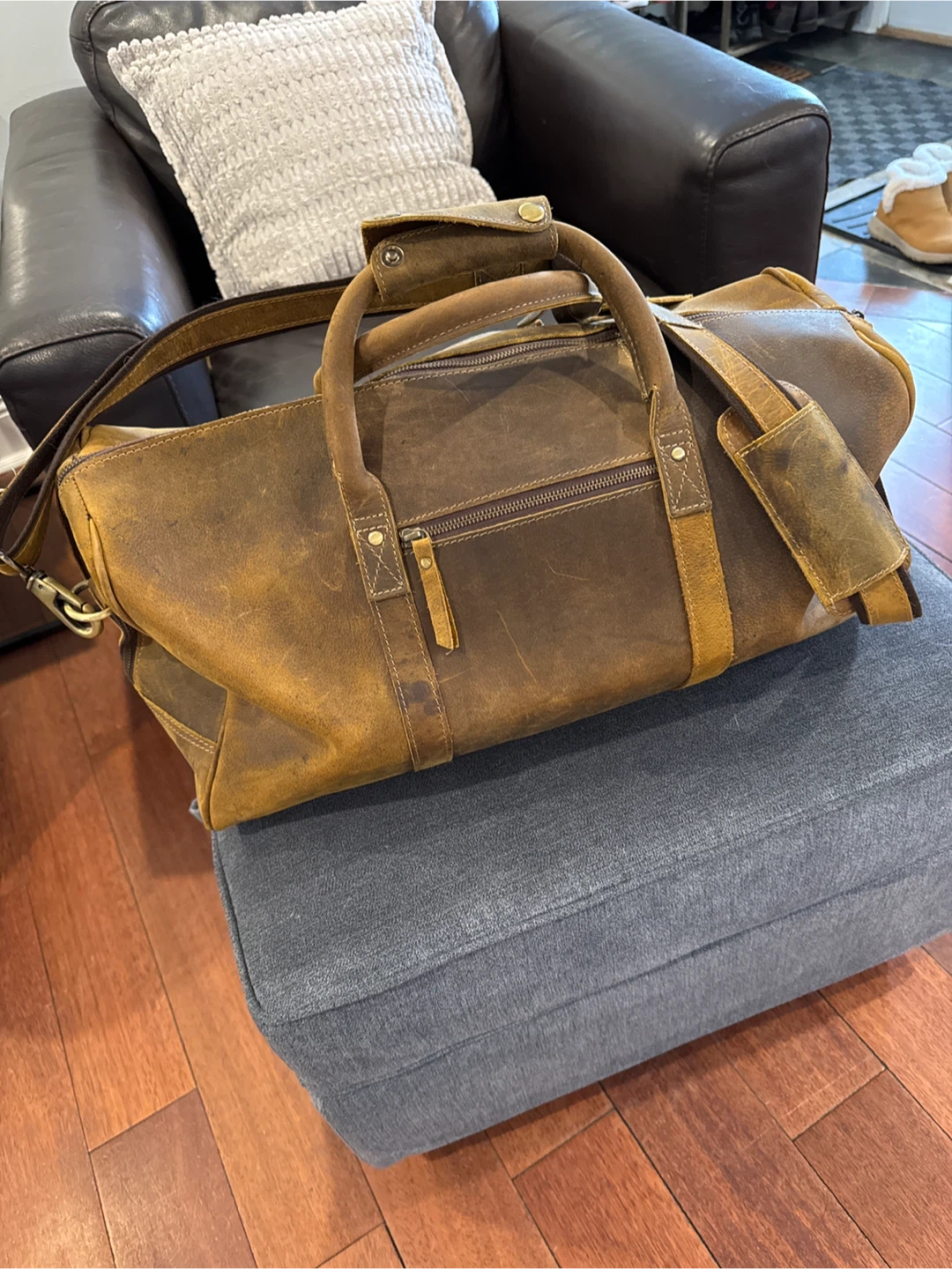 Distressed Tan Leather Duffle Bag
