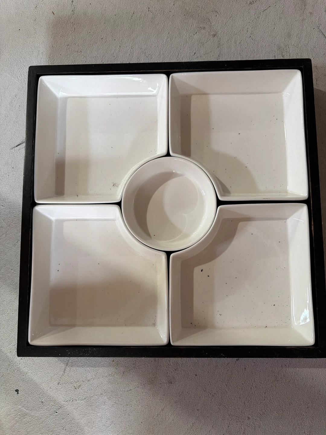 Wooden Serving Tray with Ceramic Dishes