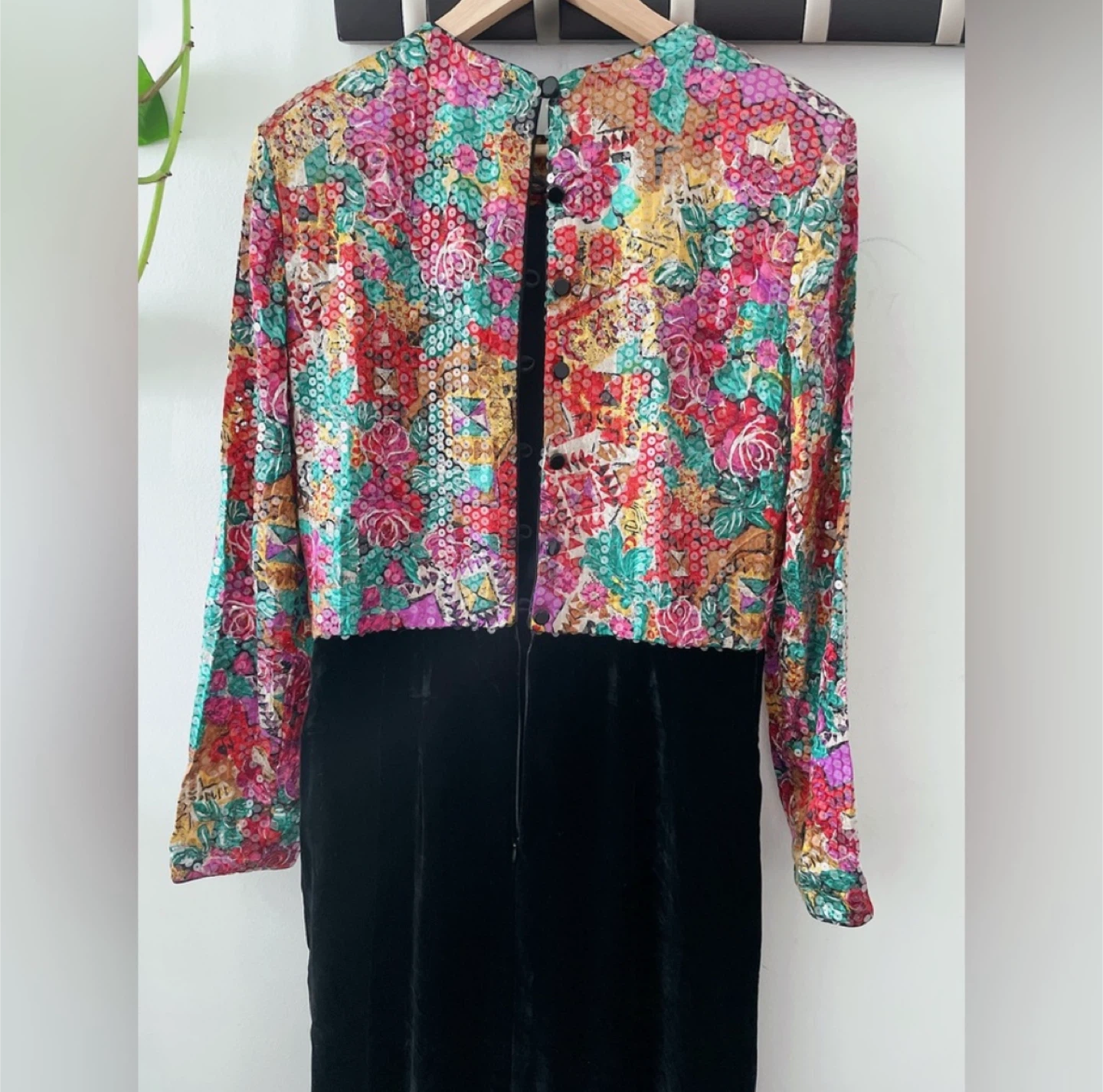 Vintage Floral Sequin Top Black Velvet Dress