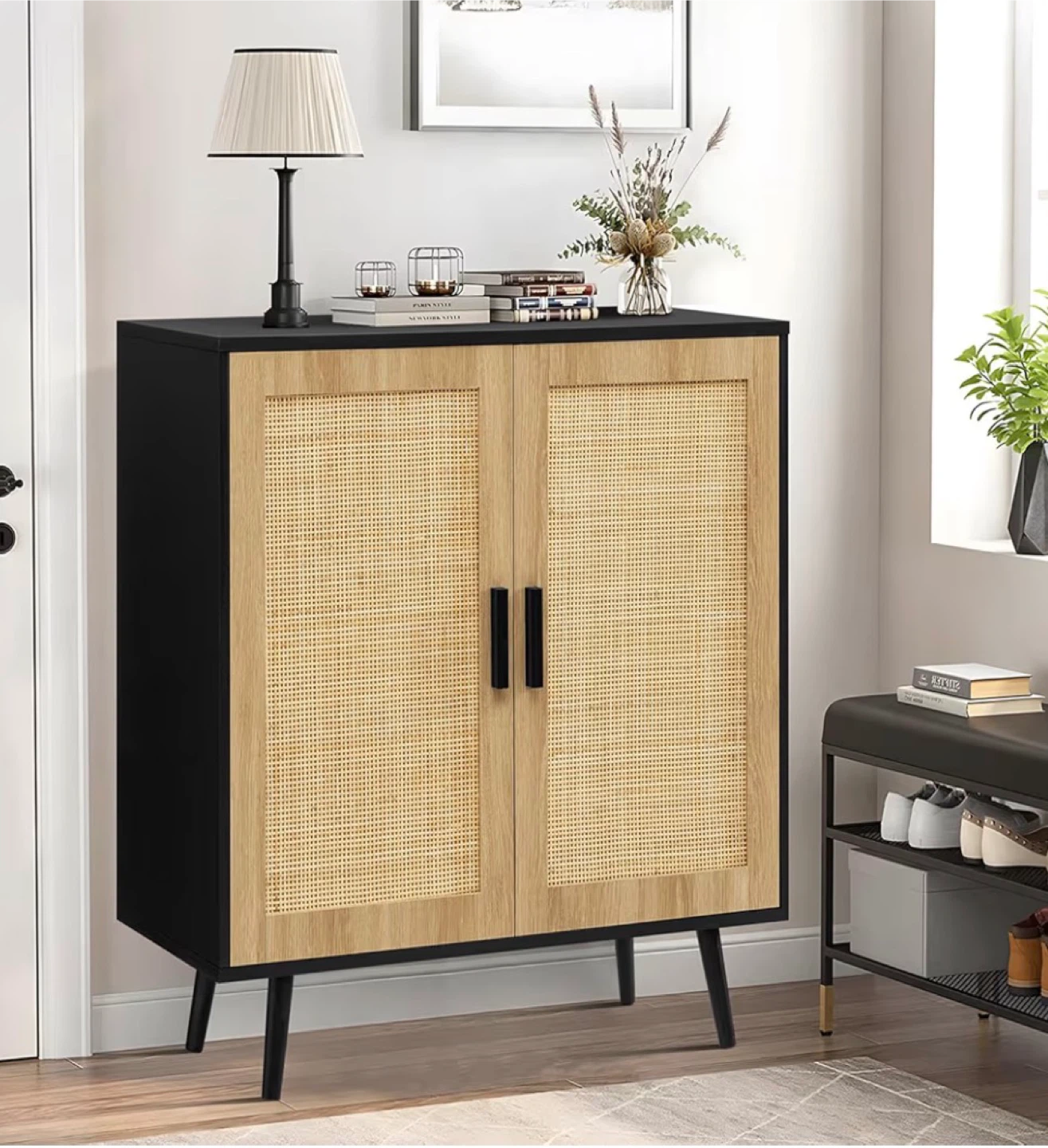 Black Cabinet with Rattan Doors - 31.5" x 34.6"