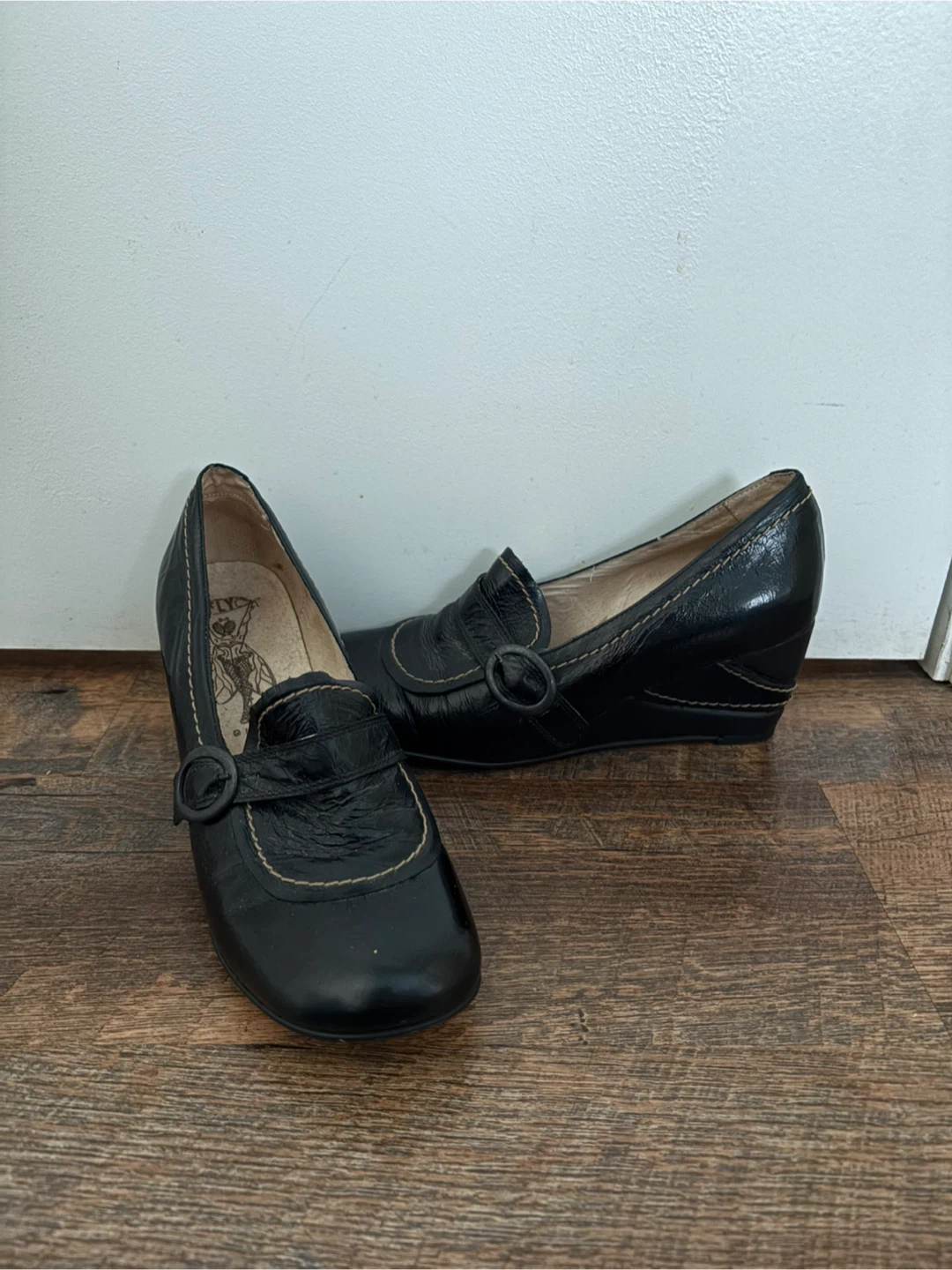 Fly Girl Black Leather Wedge Shoes