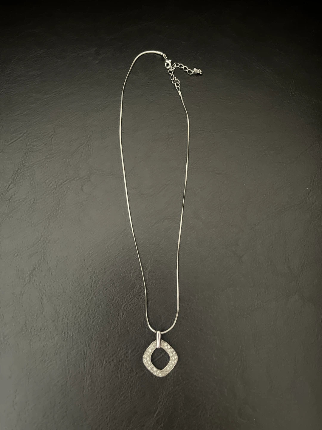 Silver Tone Necklace with Rhinestone Square Pendant