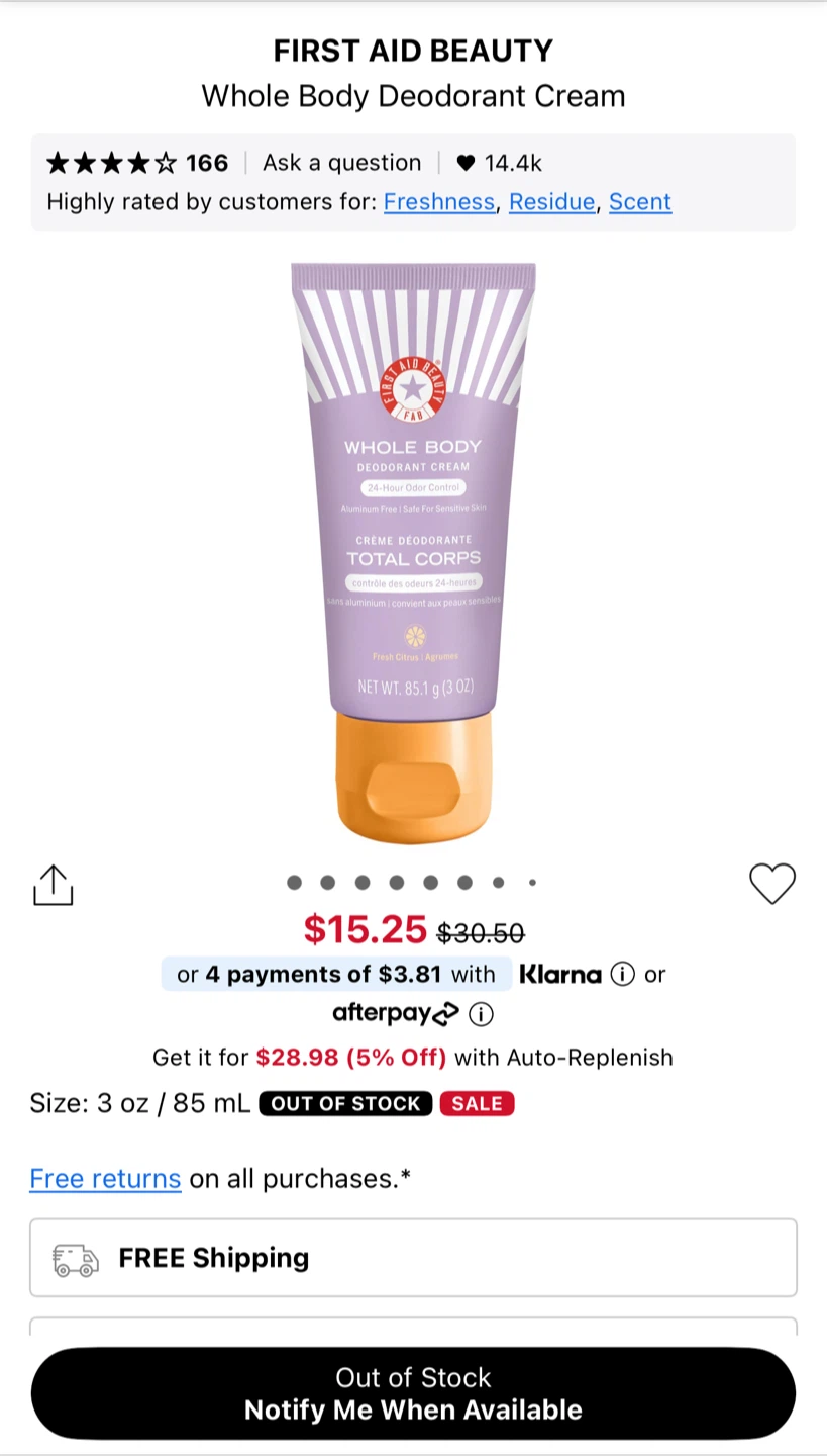 First Aid Beauty Whole Body Deodorant Cream