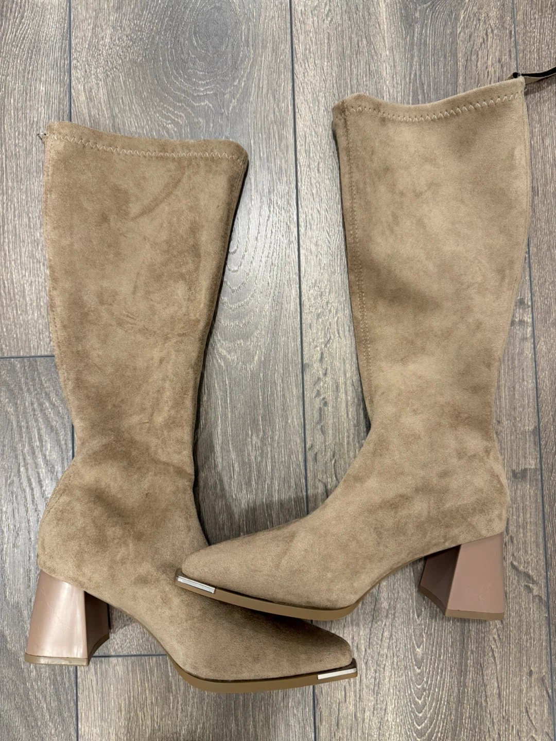 Beige Knee High Heel Boots