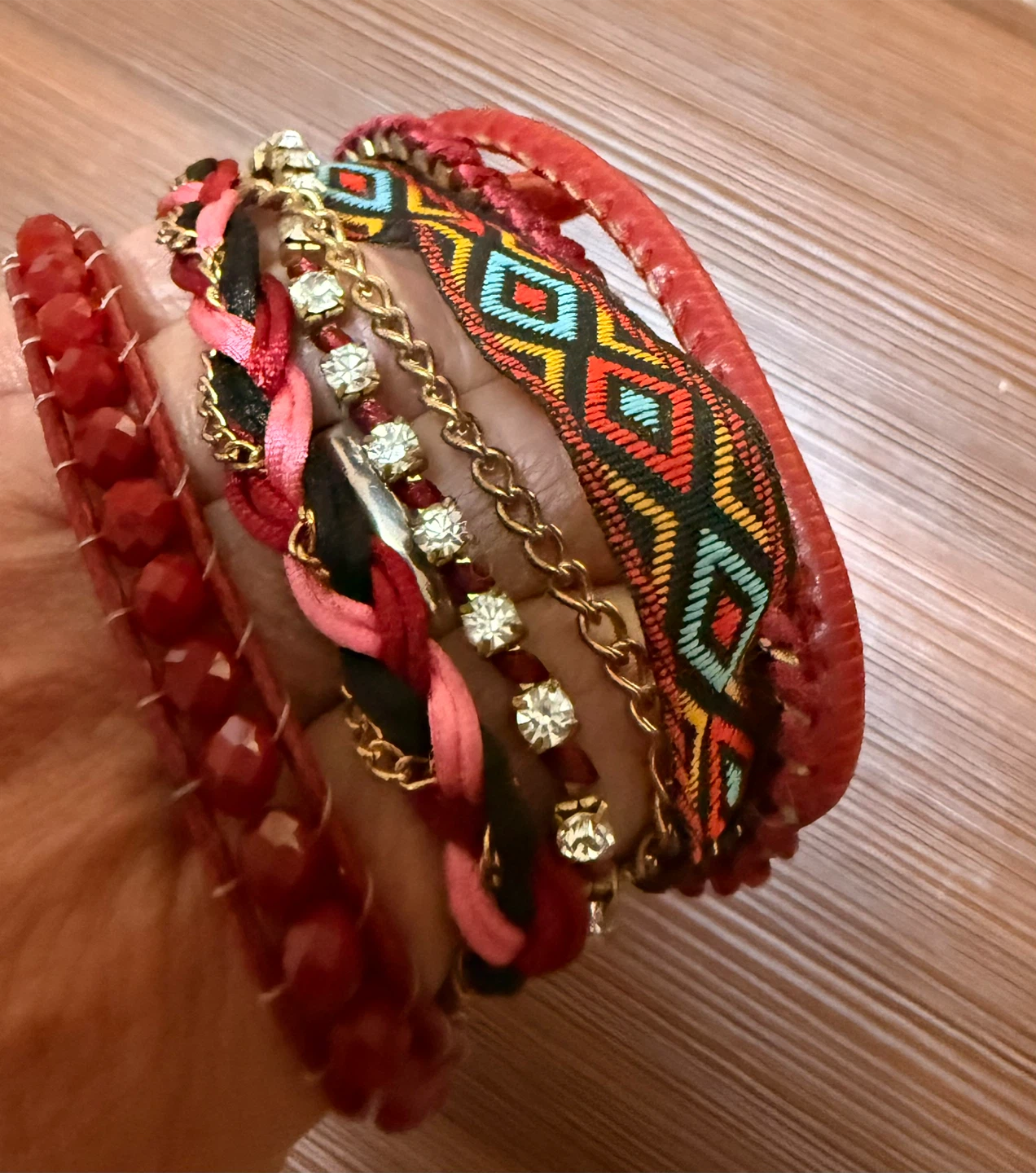 Red Multi-Strand Bracelet with Gold Accents