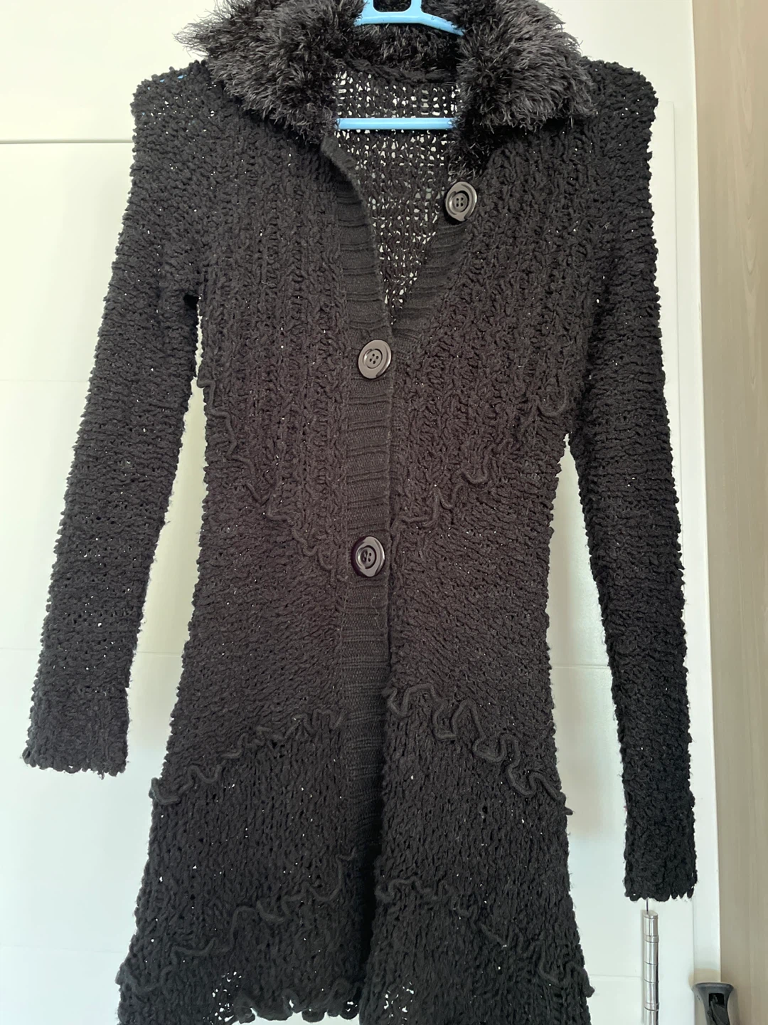Black Knit Cardigan with Fur Collar