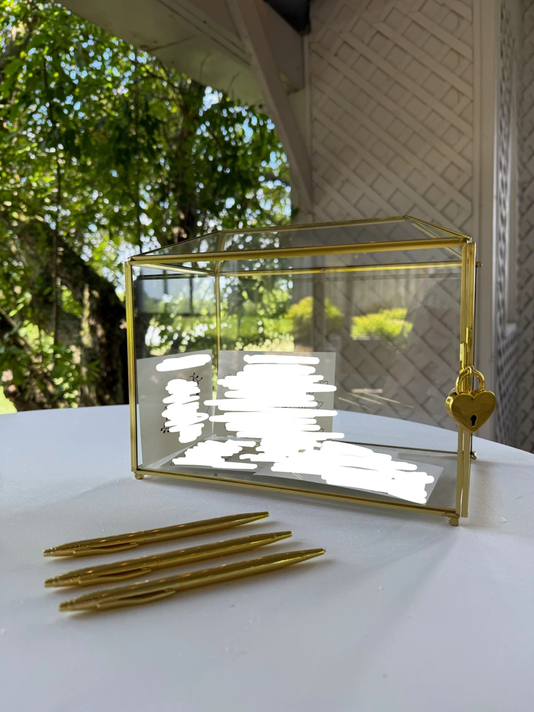 Gold Glass Card Box + 3 Gold Pens