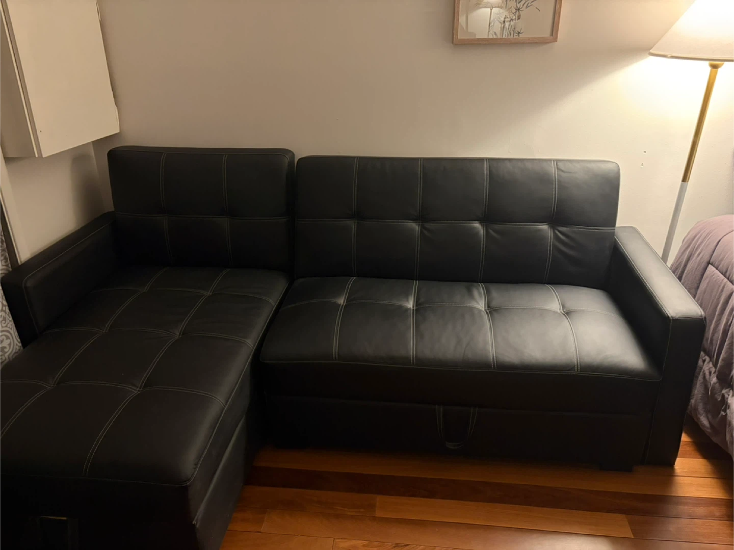 Black Faux Leather Sectional Sofa with Pull Out Bed