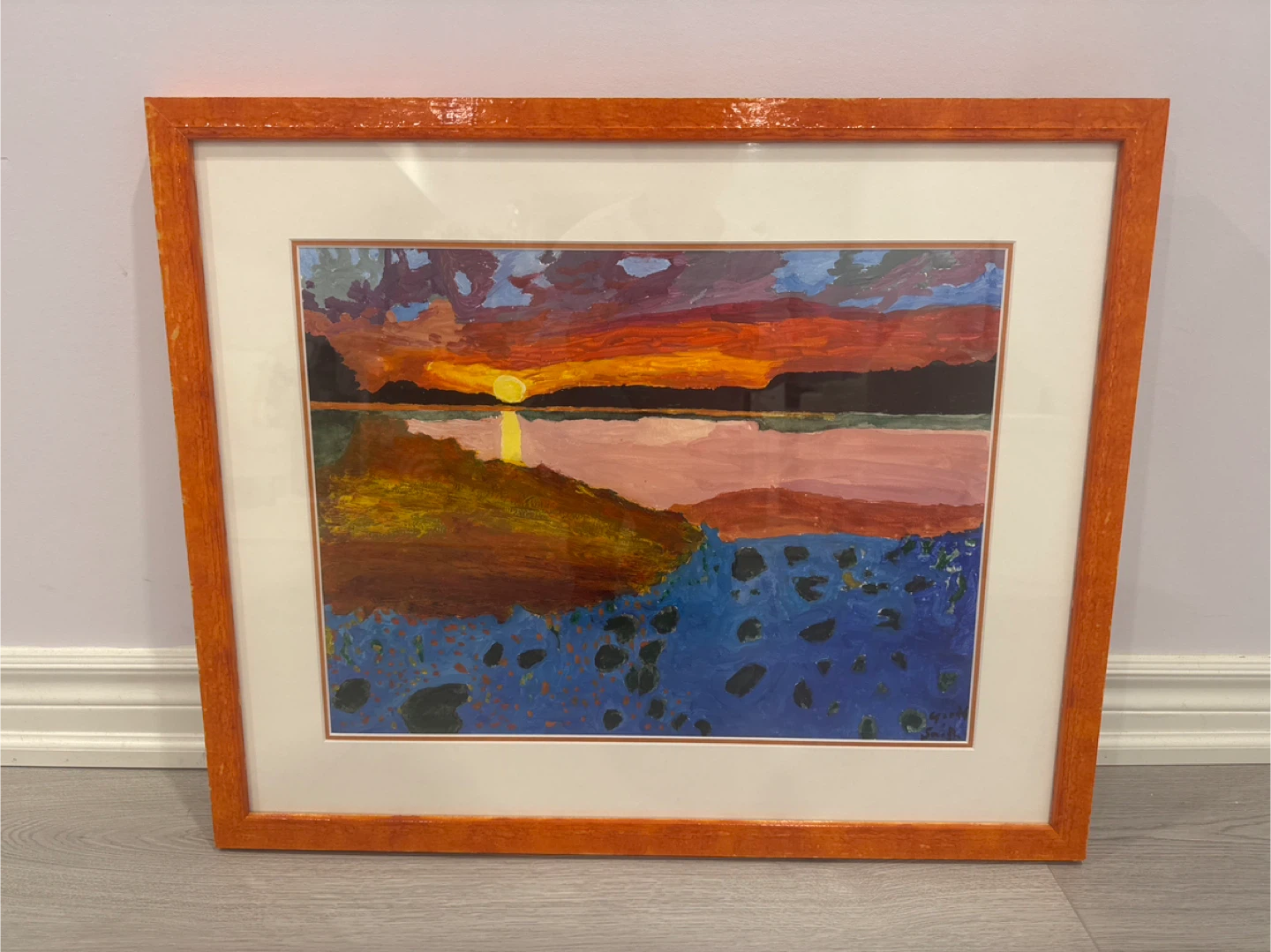 Framed 'Sun Over Water' Acrylic Painting