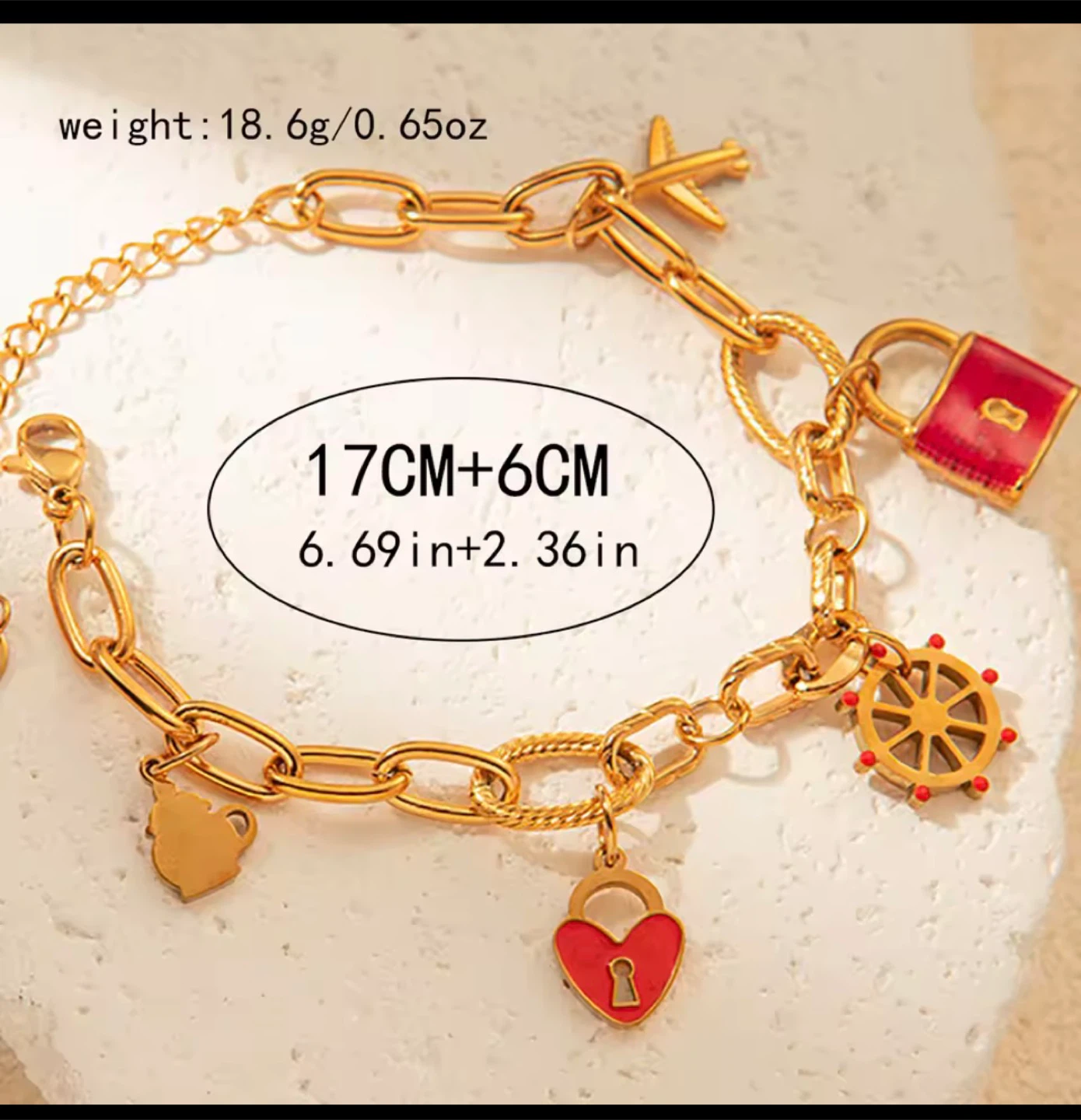 18k Gold plated stainless steel Charm Bracelet, 17cm + 6cm - photo 2
