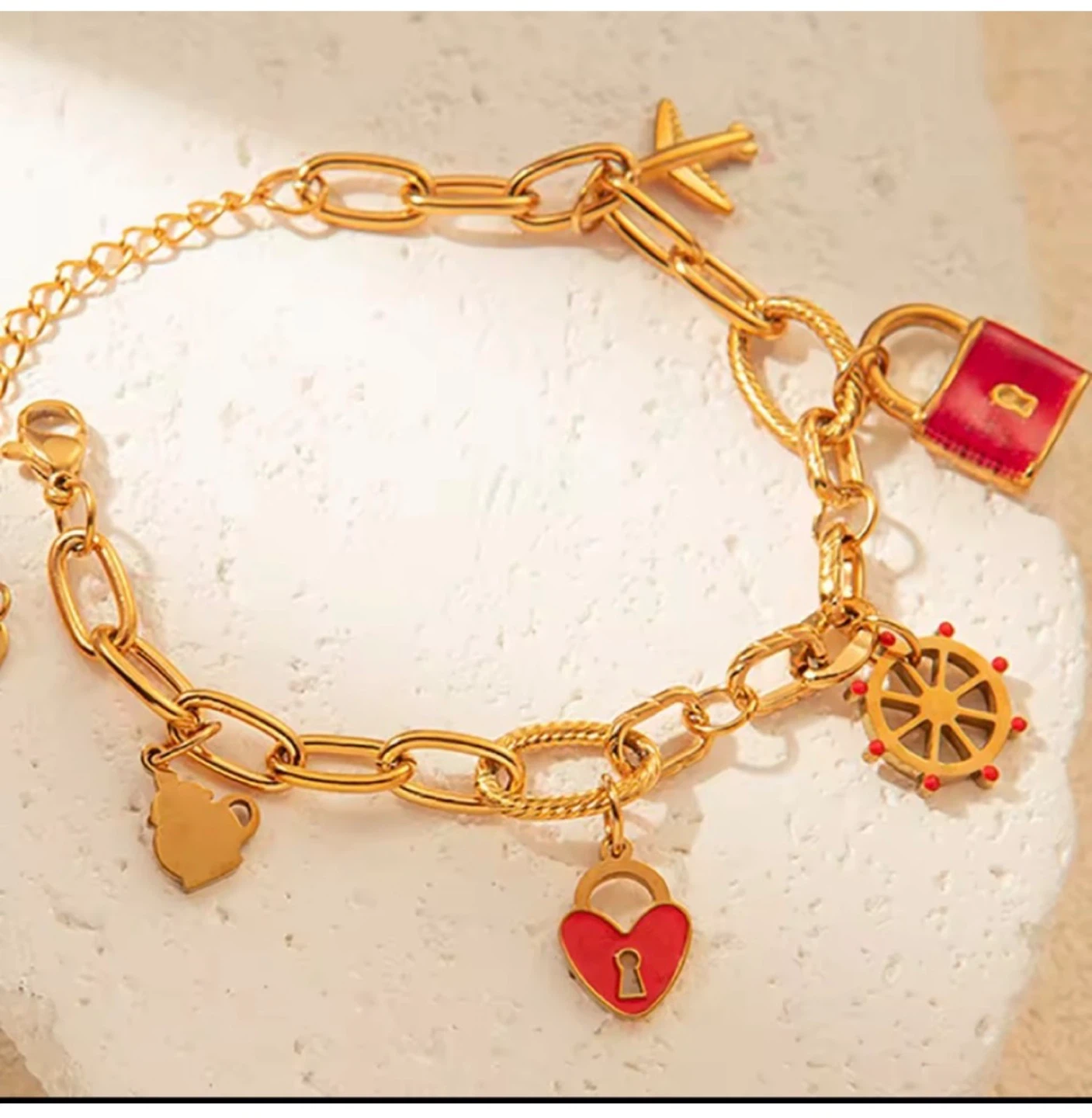 18k Gold plated stainless steel Charm Bracelet, 17cm + 6cm