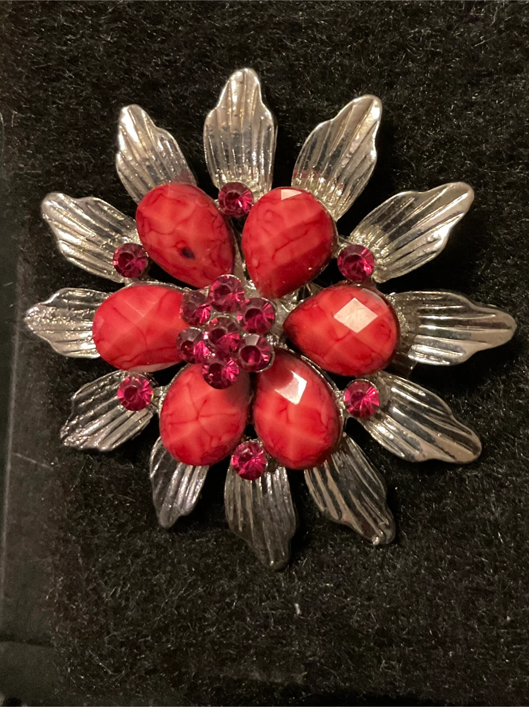 Vintage 1970 ‘s Red & Silver Flower Brooch