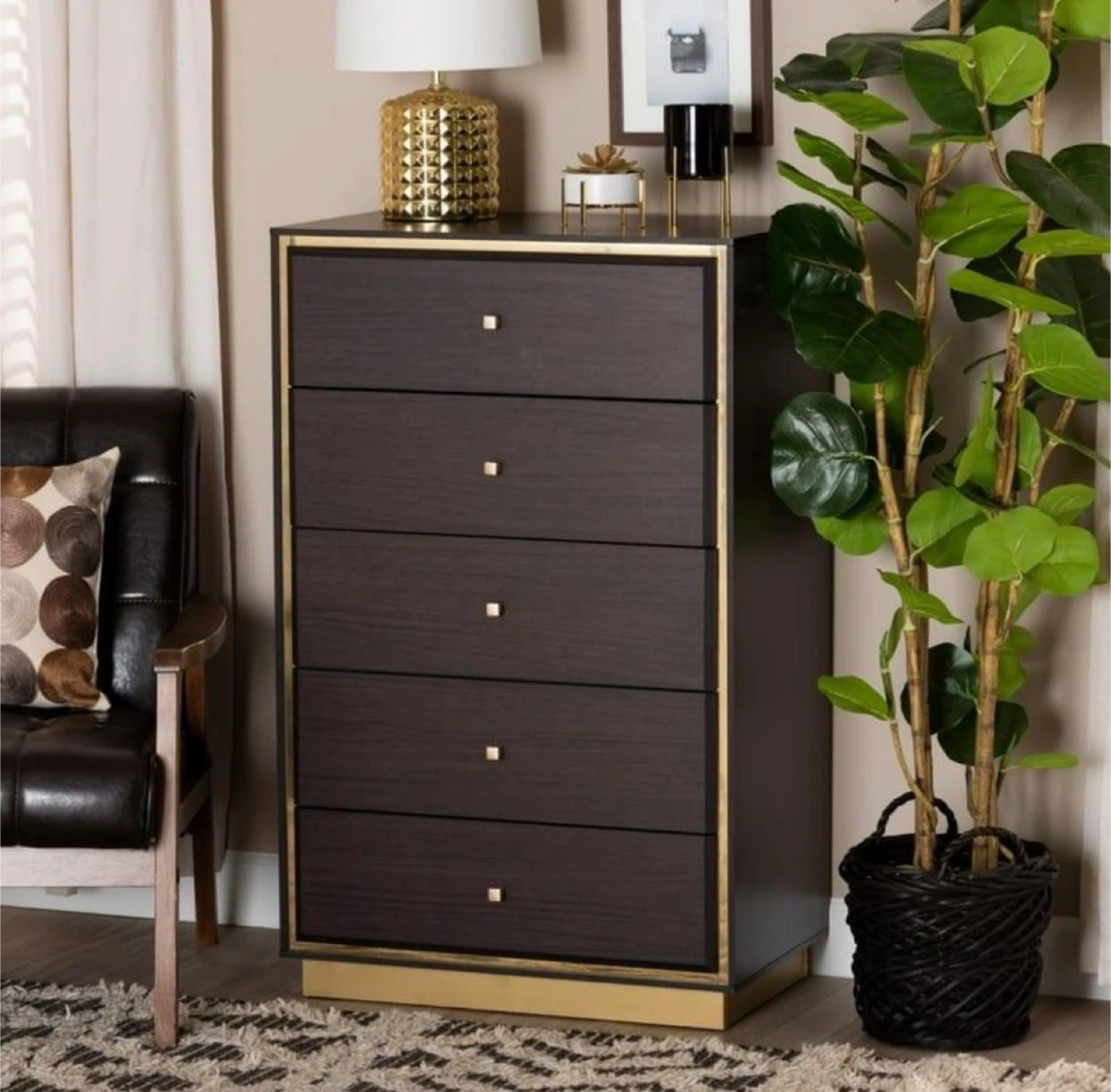 Mid Century Modern Dark Brown & Gold Accent Chest