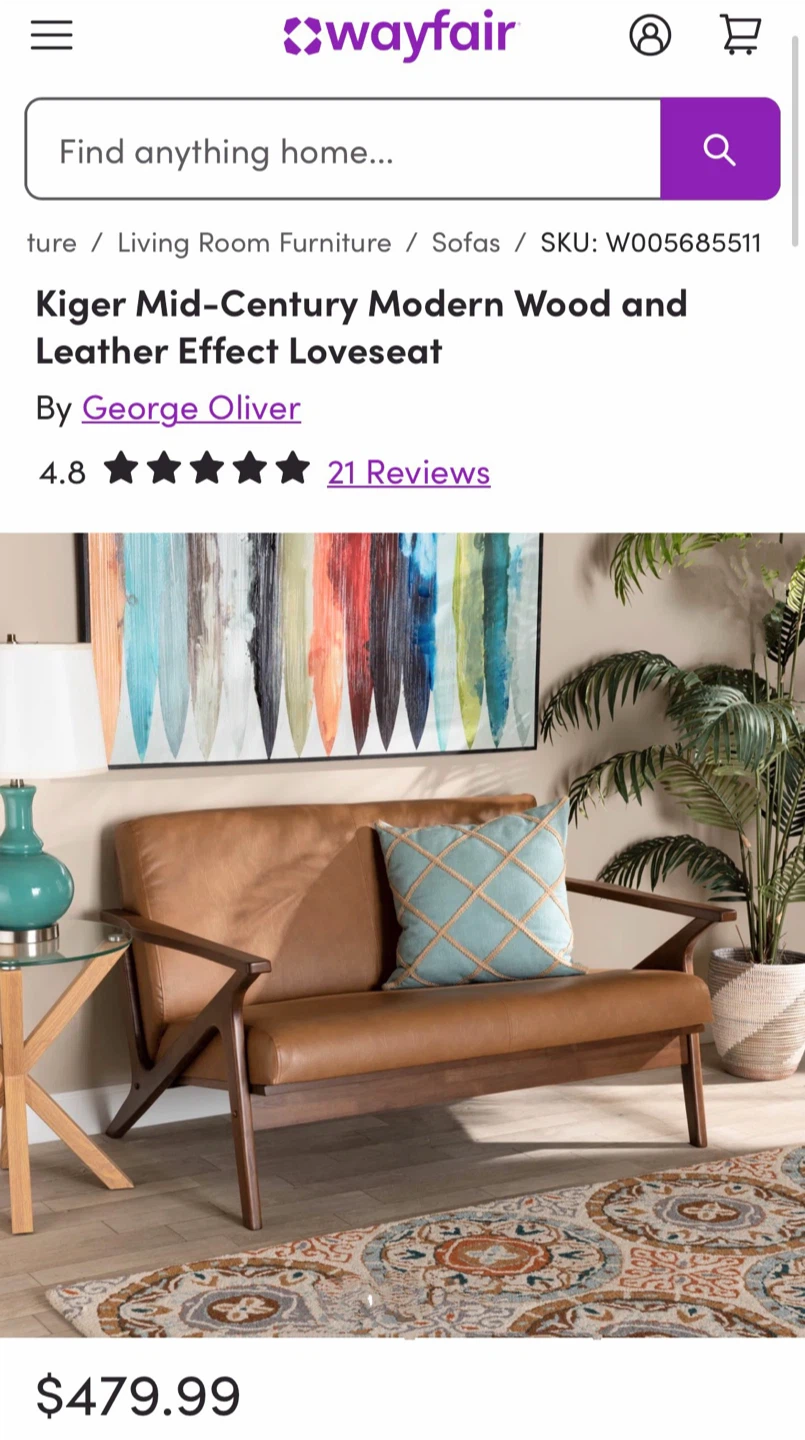 New Mid Century Modern Loveseat 2-Seater - Caramel - photo 2