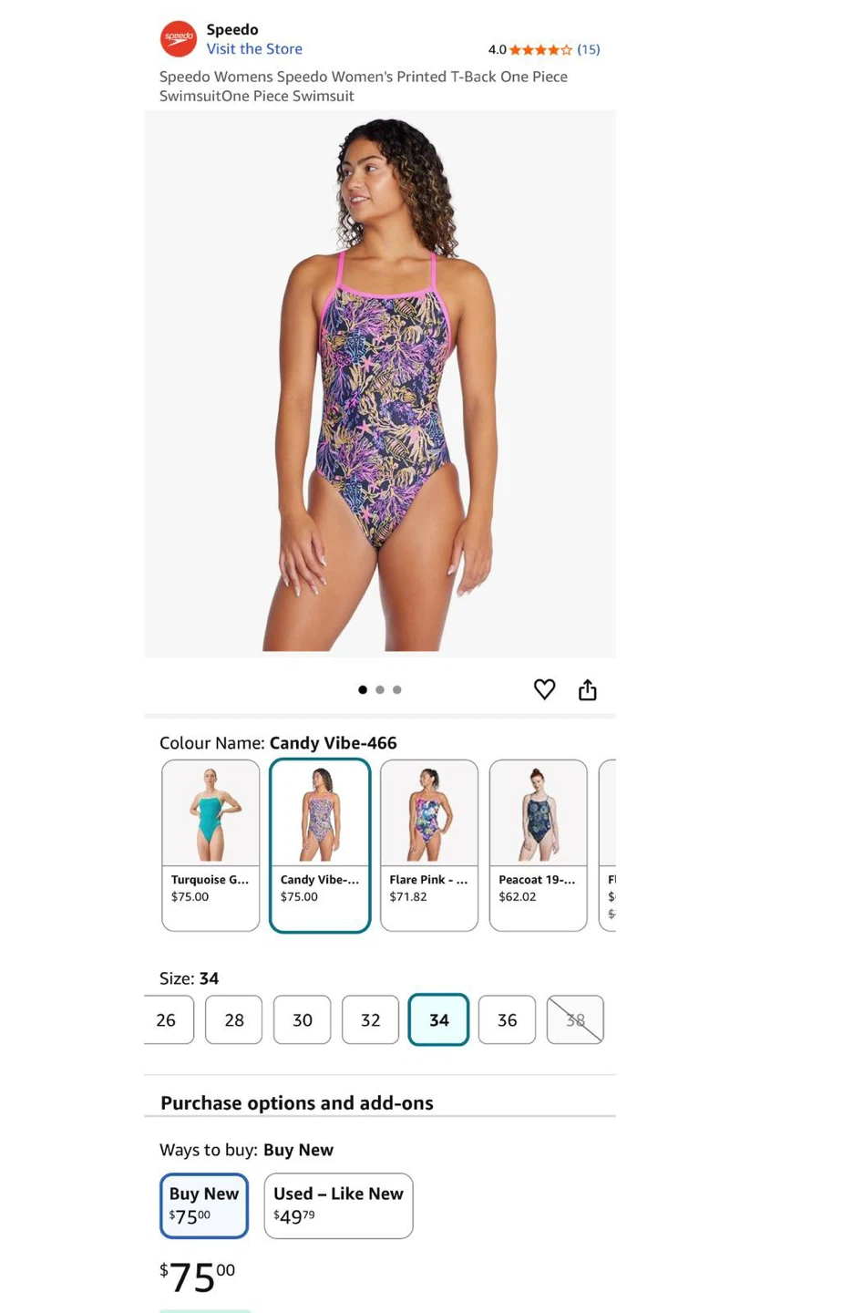 Speedo Women's Printed T-Back Swimsuit - Size 34