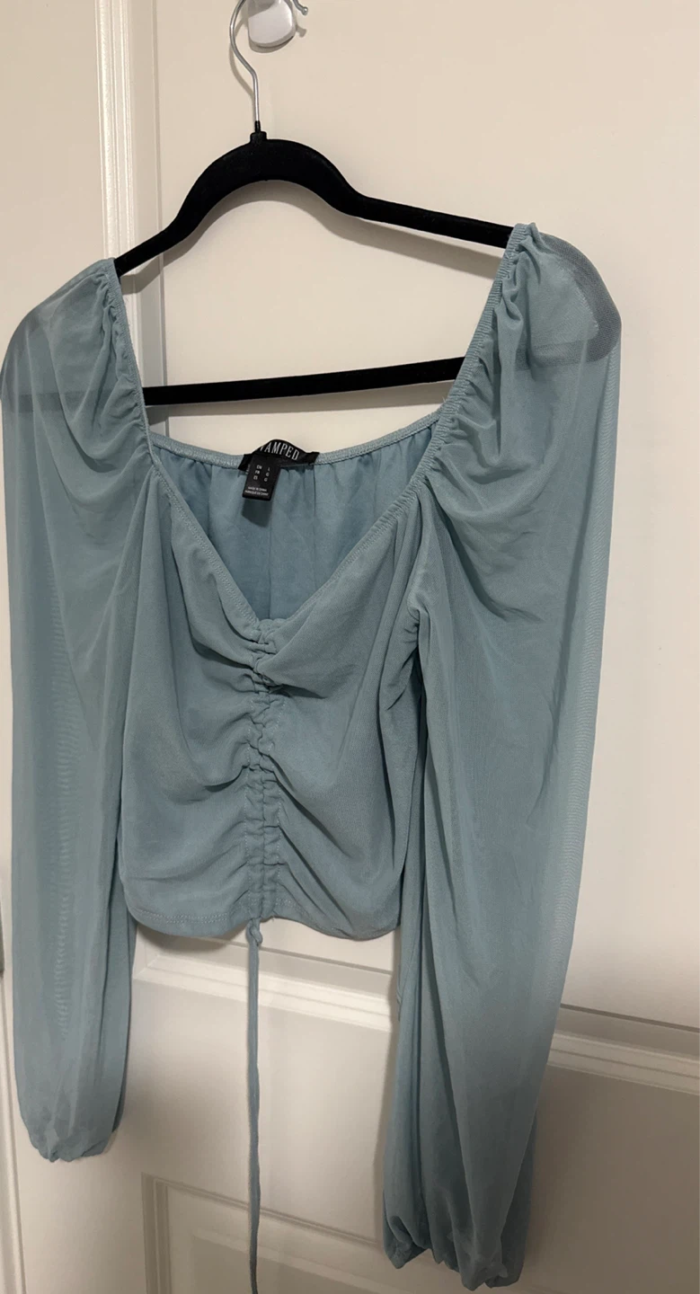 Revamped Blue Long Sleeve Mesh Tops - Size L