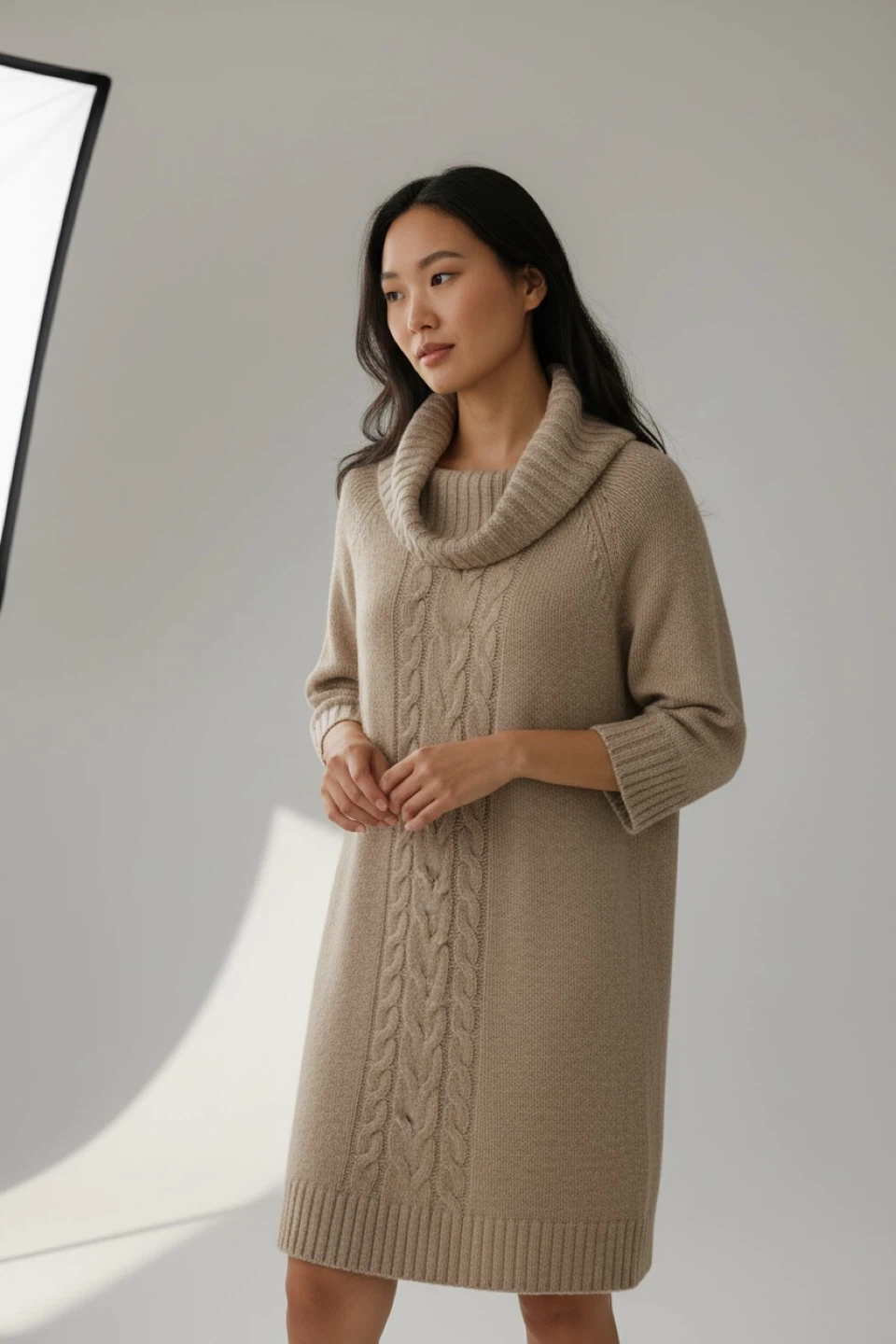 Beige Cowl Neck Sweater Dress