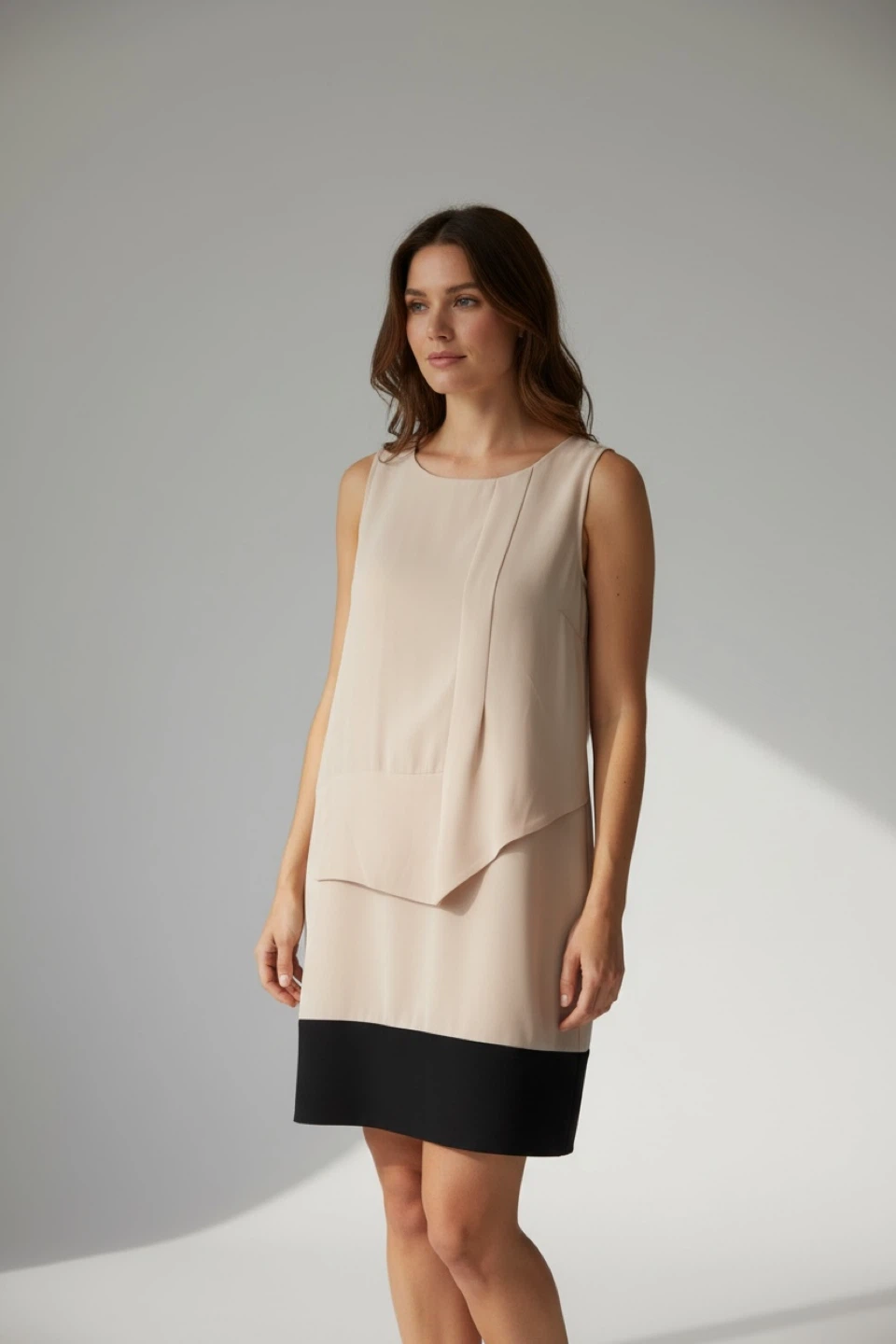 Beige & Black Sleeveless Dress