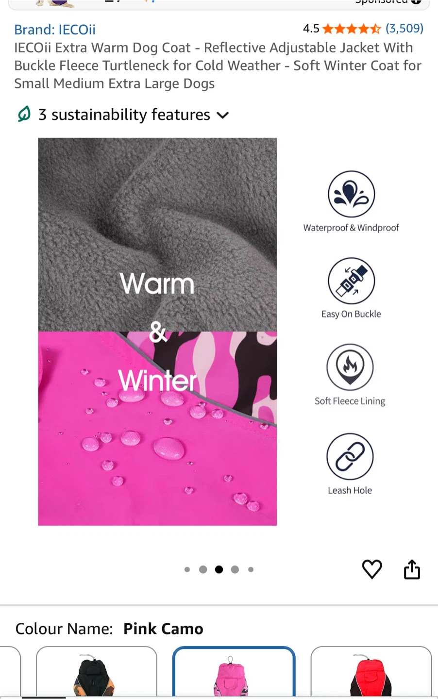 IECOii Extra Warm Dog Coat - Pink Camo X-Large - photo 3