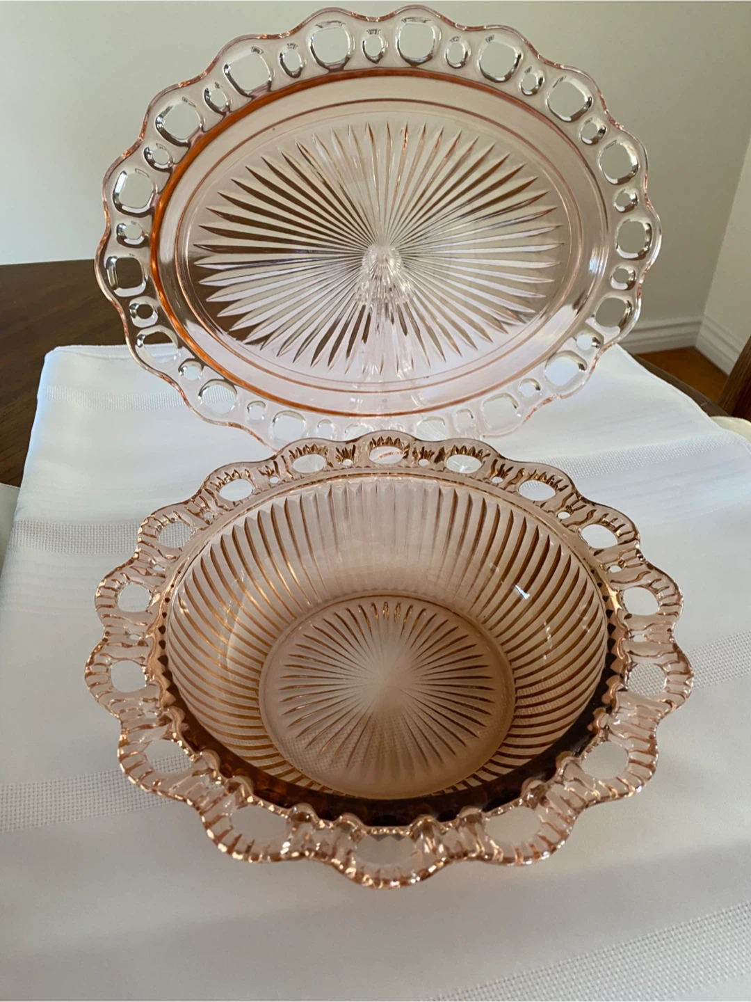 2  Pink Depression Glass Dishes: Lace Edge Pattern