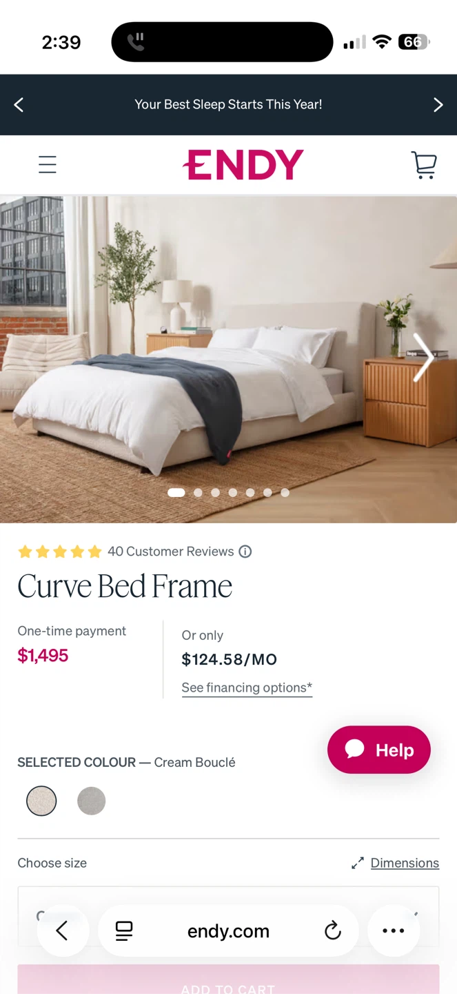 Endy Curve queen Bed Frame - Cream