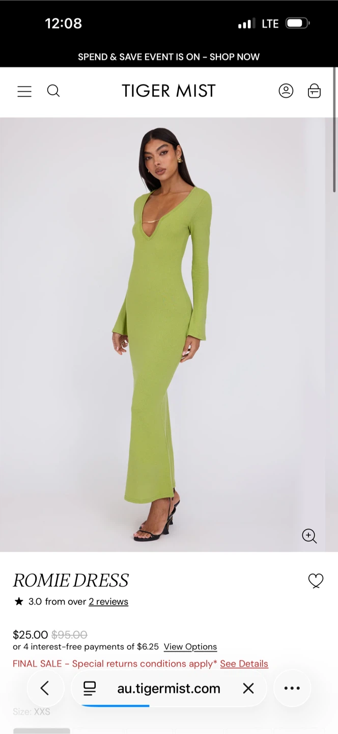 Tiger Mist Romie Dress - Matcha Green, Size XS