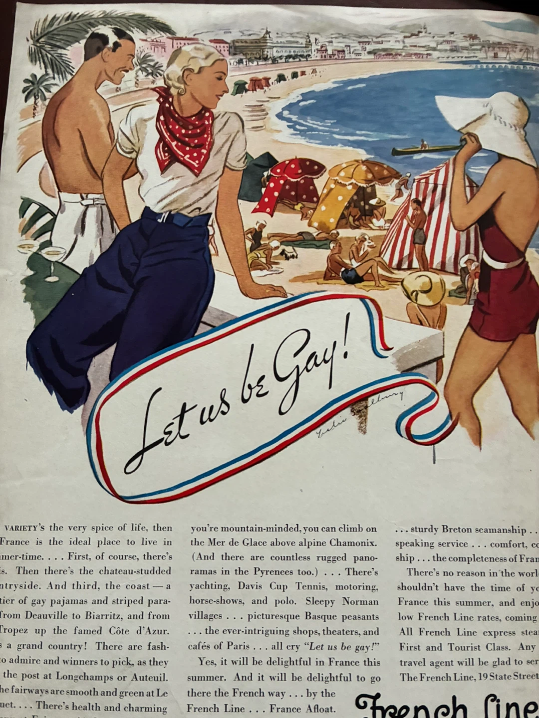 "Let us be Gay" art deco ad 1932 FRENCH LINE STEAMSHIP CRUISE