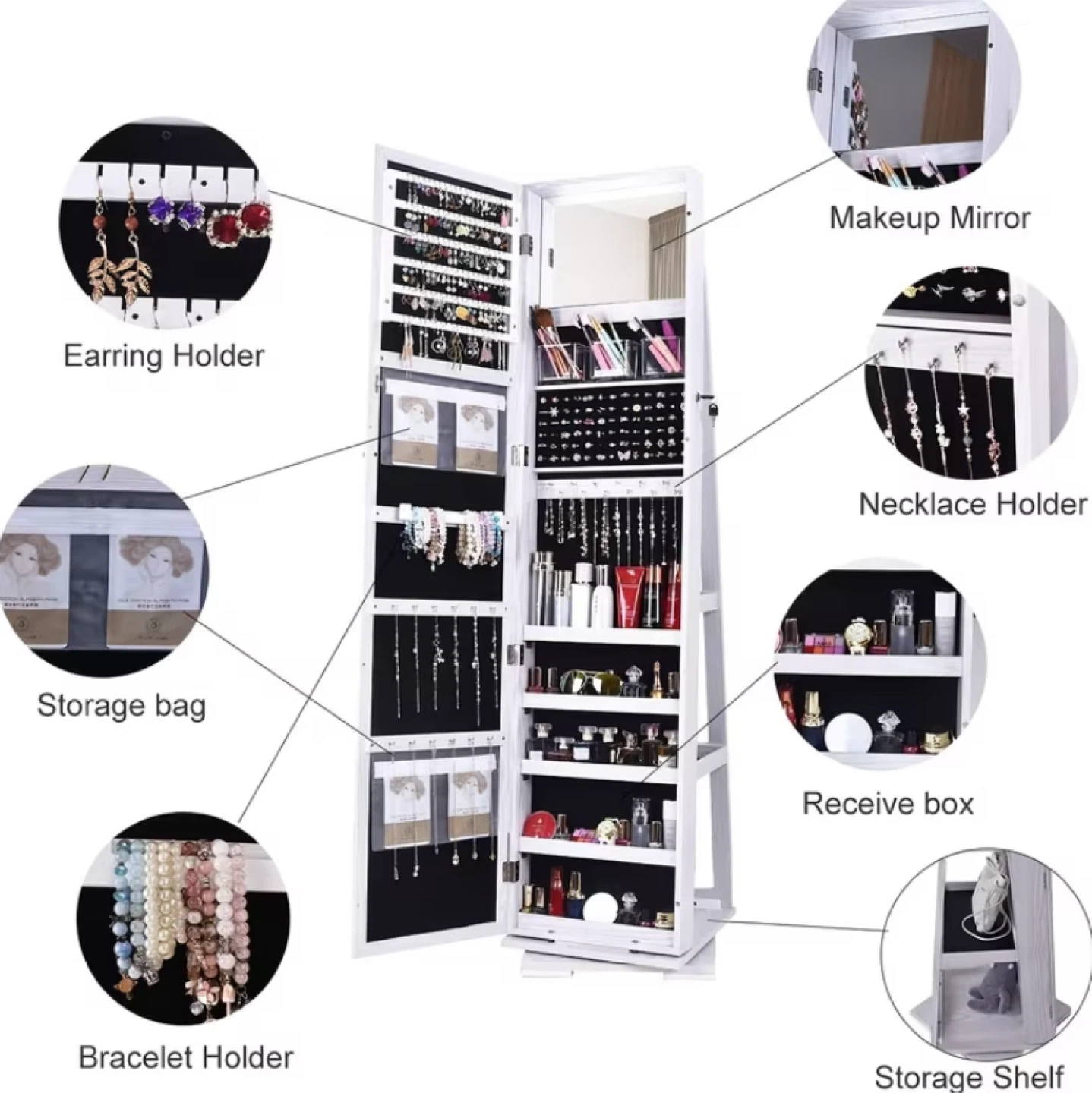Standing Jewelry Armoire Cabinet with Mirror - White - photo 2