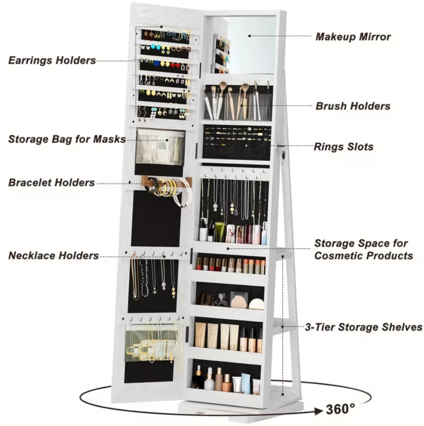 Standing Jewelry Armoire Cabinet with Mirror - White - photo 4