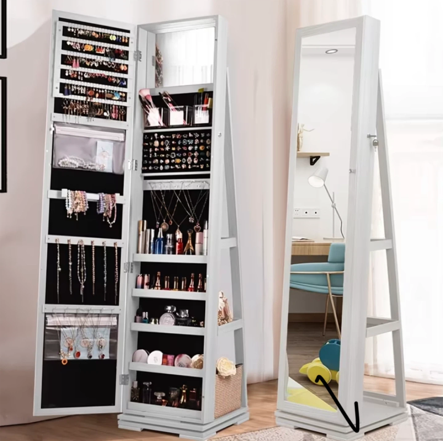 Standing Jewelry Armoire Cabinet with Mirror - White